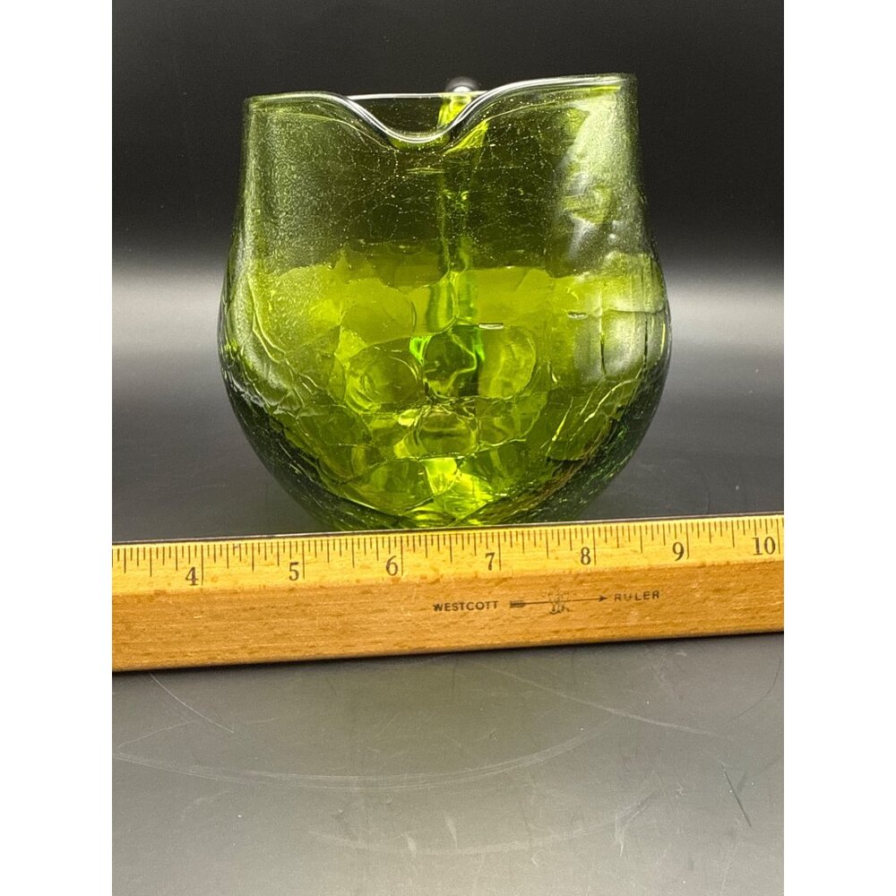 Vtg Blenko Green Crackle Glass Hand Blown Squat Pitcher Applied Handle And Spout - Picture 5 of 9
